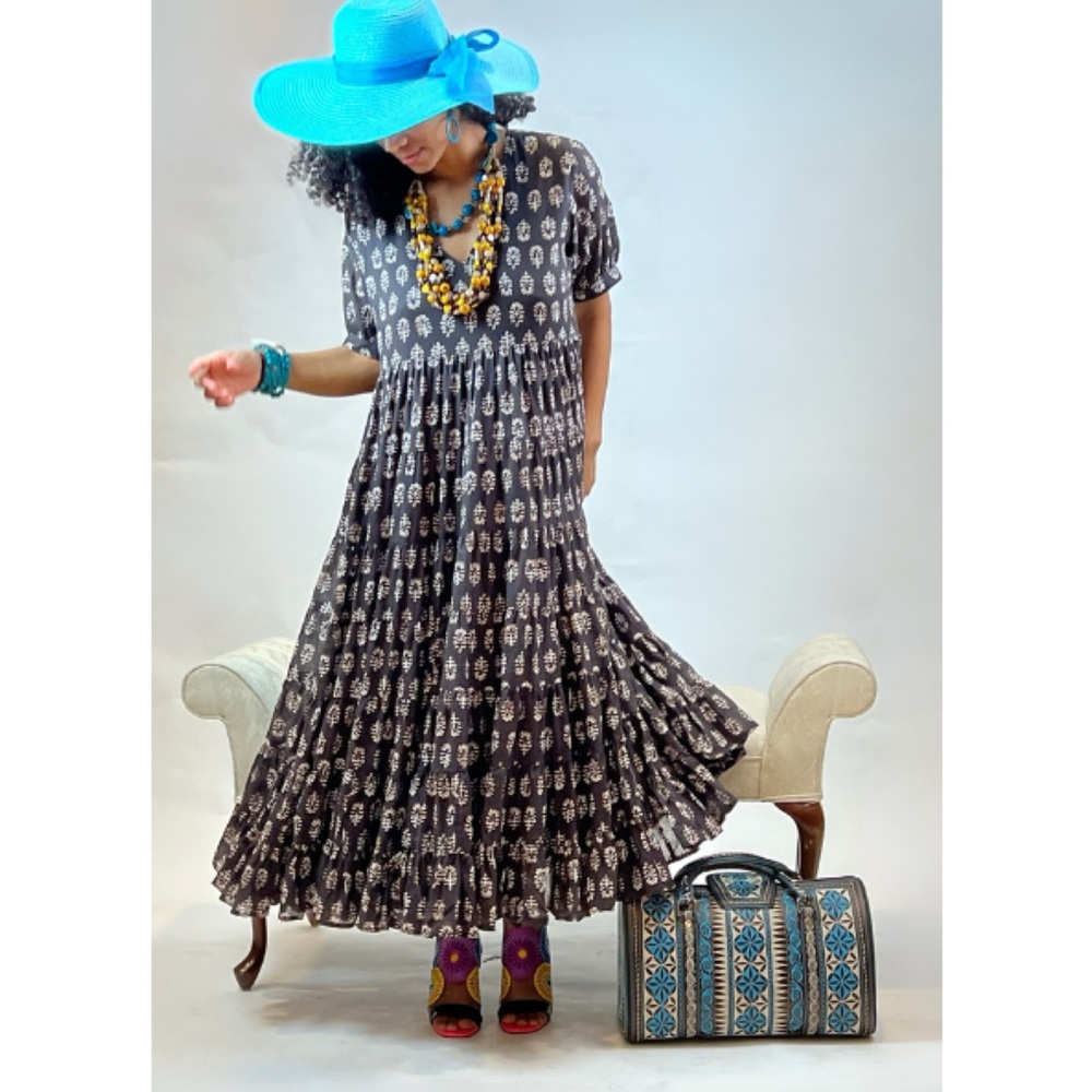 Dawn Bacchus Boho Print Puff Sleeve Tiered Cotton Maxi Dress Chocolate Brown XL